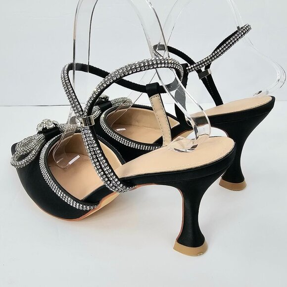 Black Rhinestone Bow Pointed Toe Strappy Special Occasion Heels Women's Size 10 - Picture 7 of 12